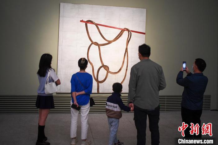 市民参观作品布上油画《悬挂》。　杨华峰 摄